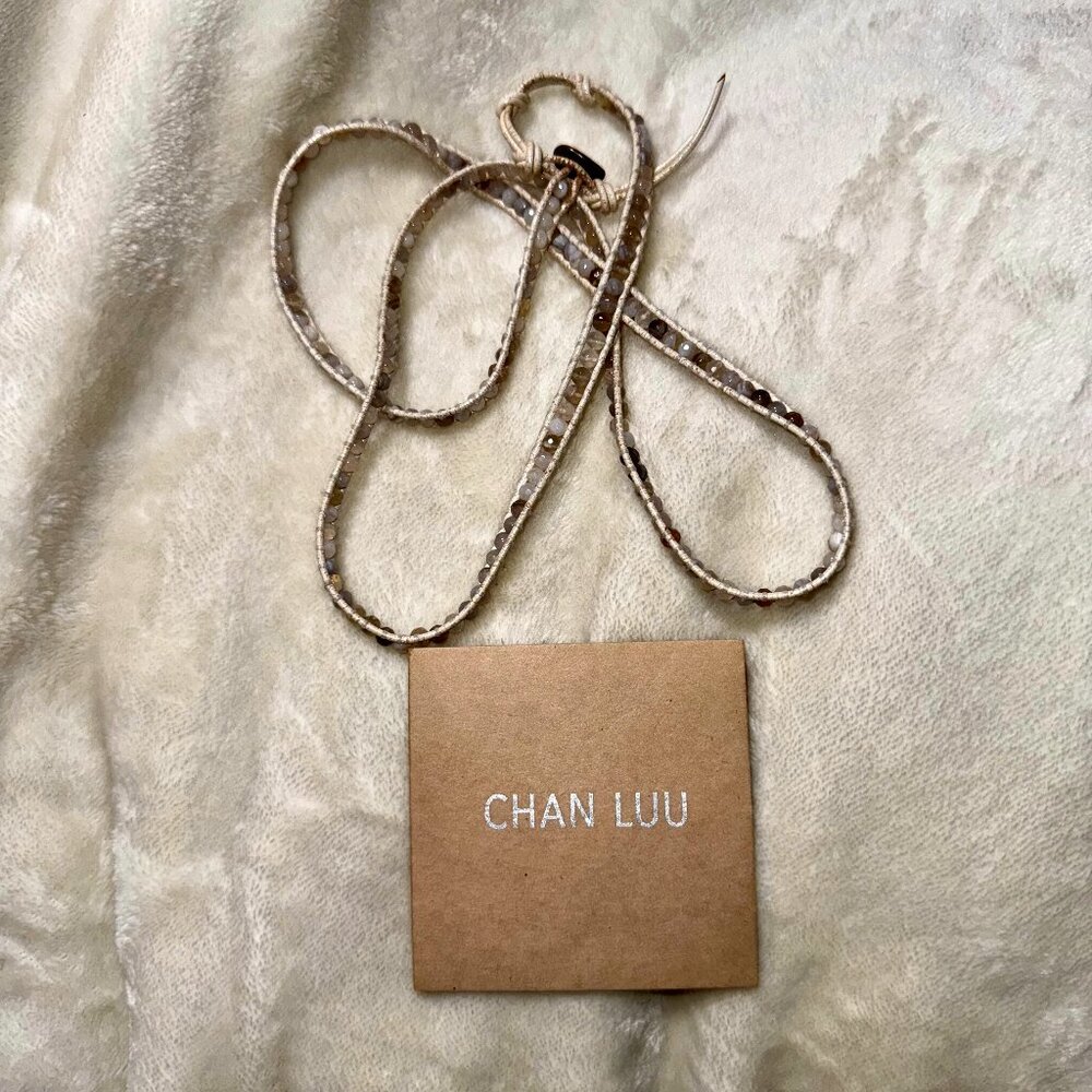 🌾 Chan Luu Wrap Bracelet – 36” Natural Stones & Cream Leather